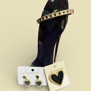 BRACELET EARRINGS AND RING - 3 PC BUNDLE - BLACK AND GOLD